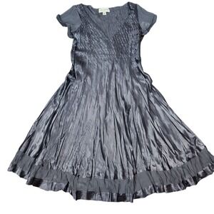 J.R. Nites Steel Gray Sz L Pleated Crinkle Satin Dress A-Line Midi NYE Party NWT